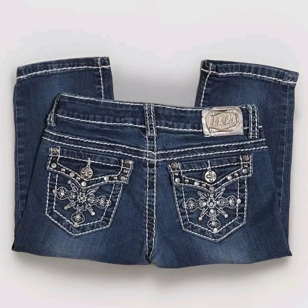 Miss Chic LA Y2K Bejeweled Low Rise Bermuda Shorts 3 Blue Denim Summer Festival